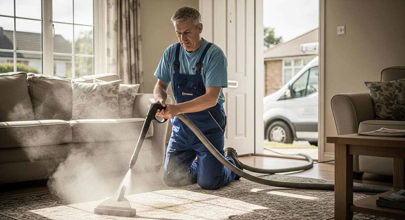 Carpet cleaning contractor at work