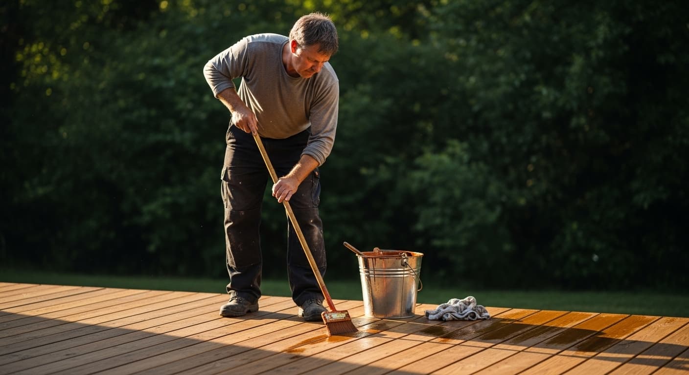 Deck staining contractor at work