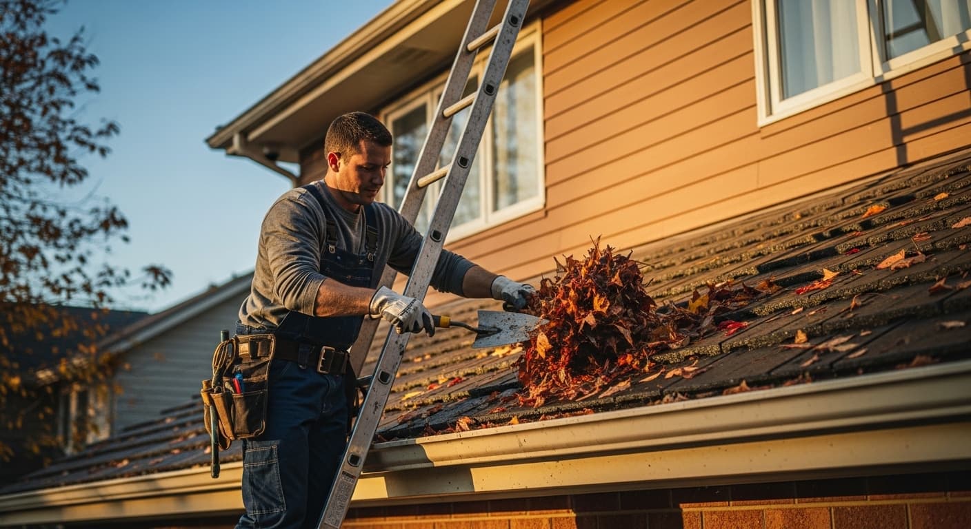 Gutter cleaning contractor at work