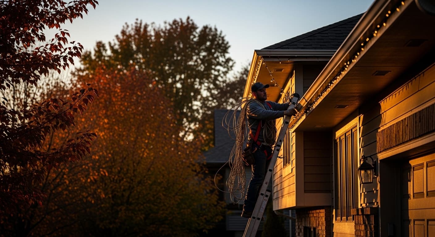 Holiday lighting contractor at work