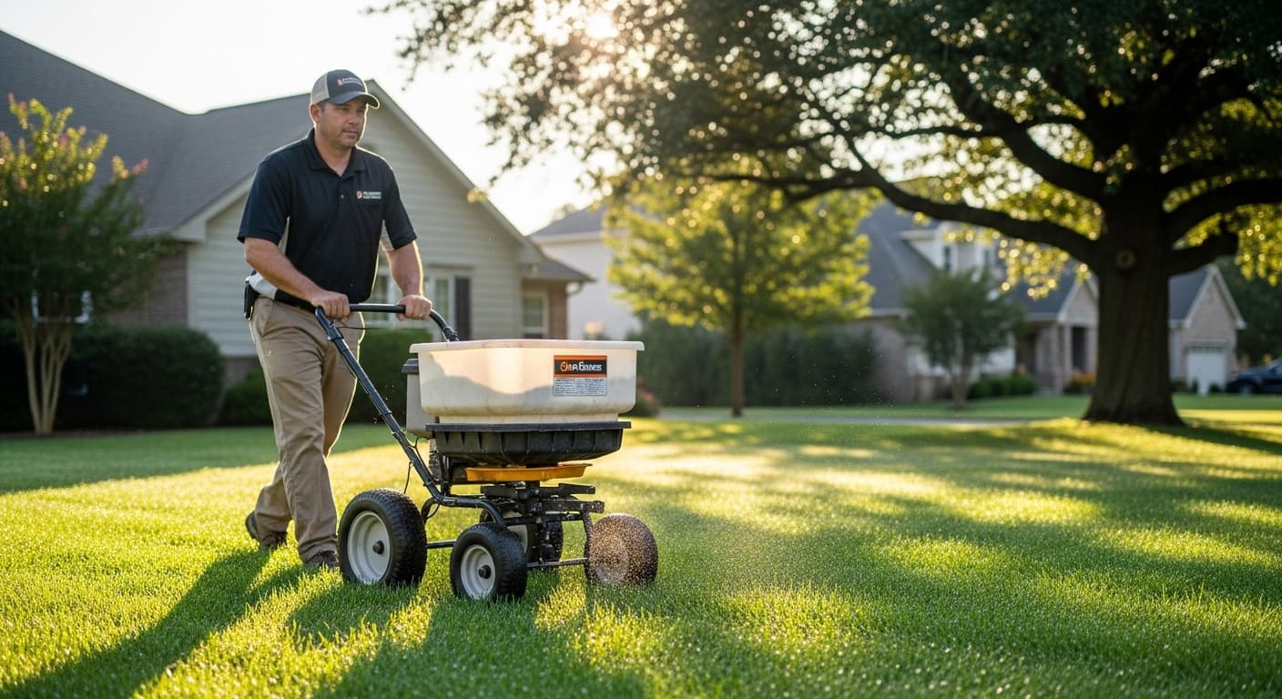 Lawn fertilization contractor at work