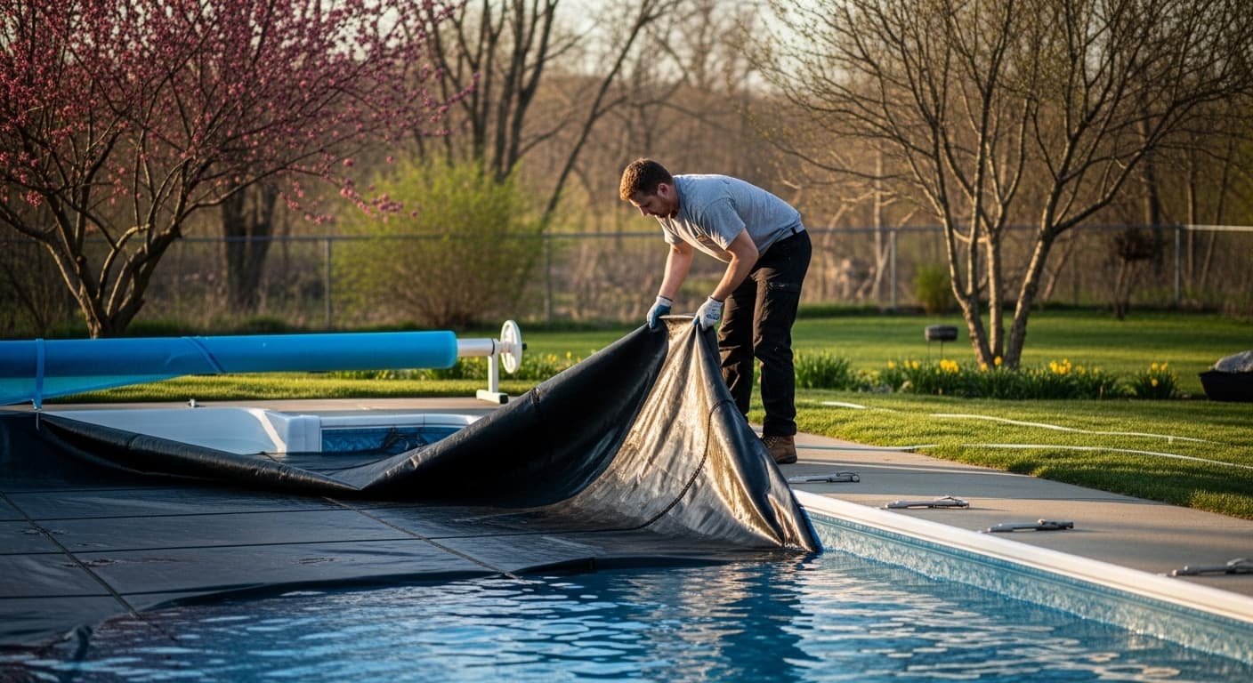 Pool opening contractor at work