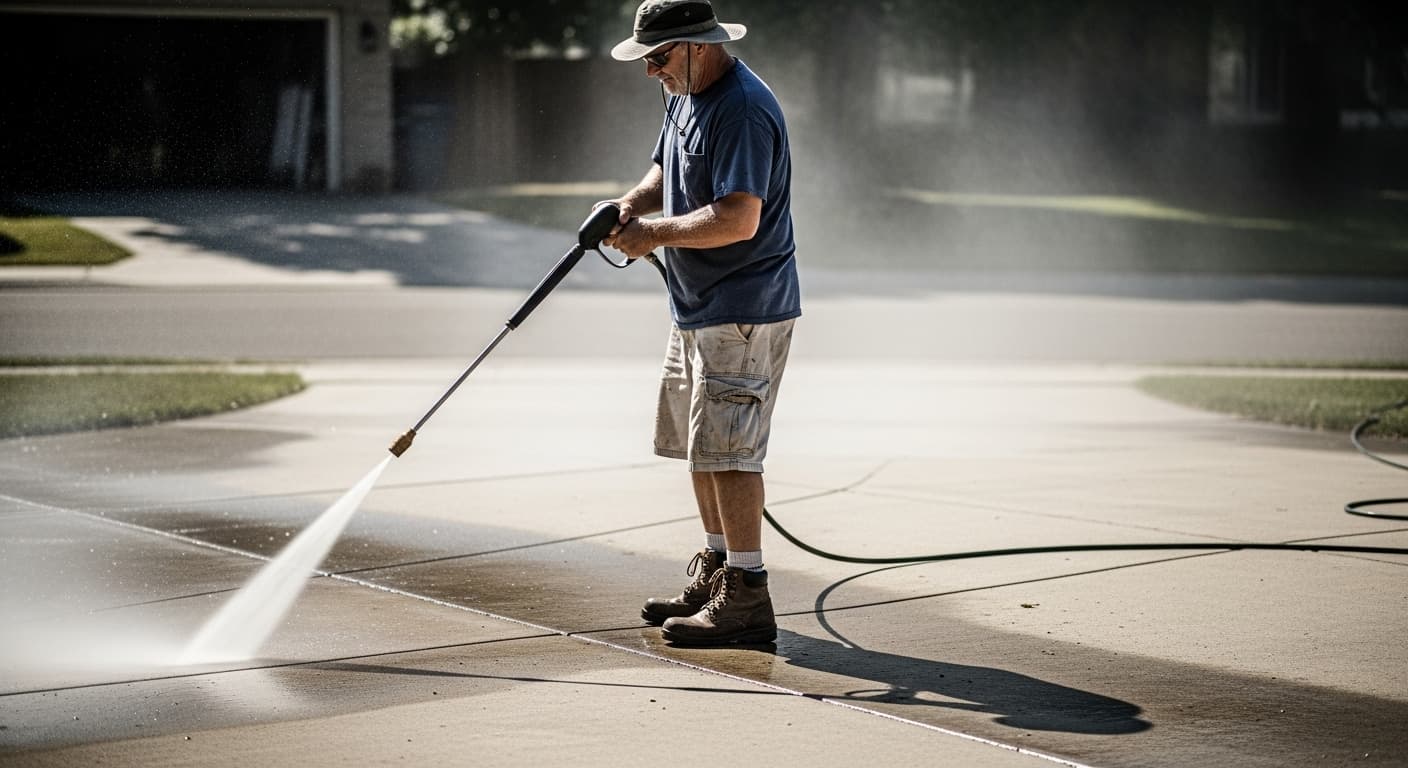 Pressure washing contractor at work