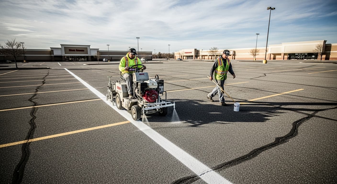 Parking lot striping contractor at work