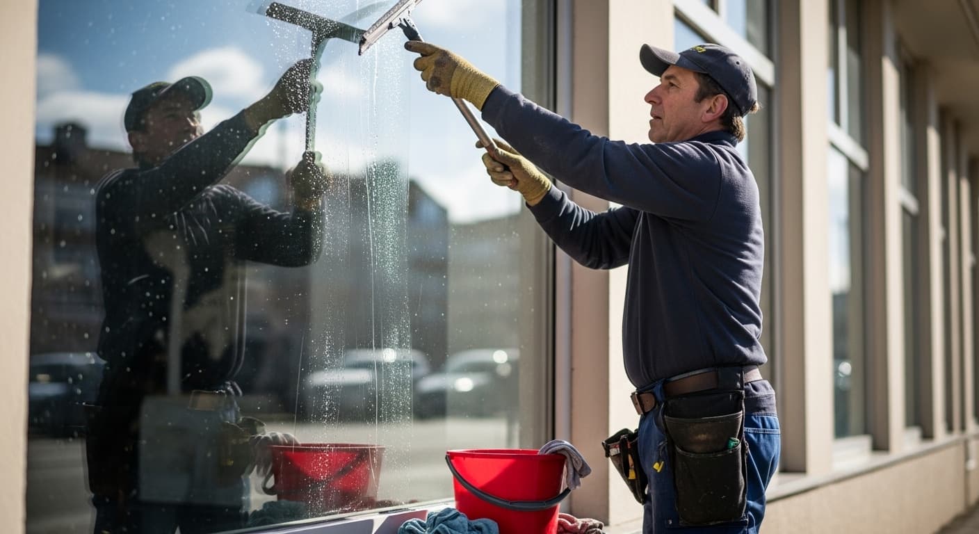 Window cleaning contractor at work