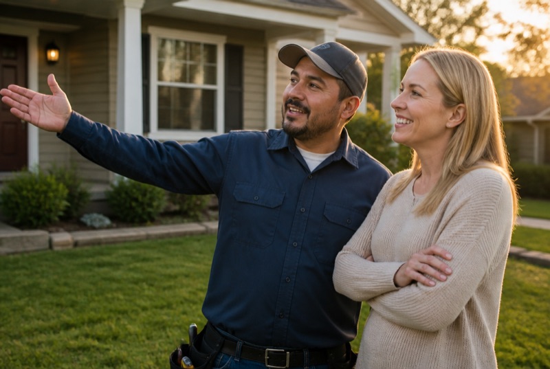 Contractor with his client in front of the house
